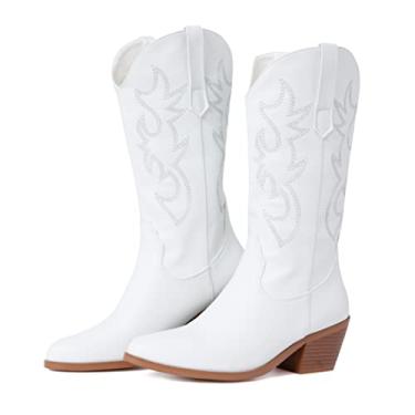 Imagem de AMINUGAL Botas femininas brancas de cowgirl bordadas, bico fino, botas caubói, botas de cano médio, botas de cano médio, E branco, 40