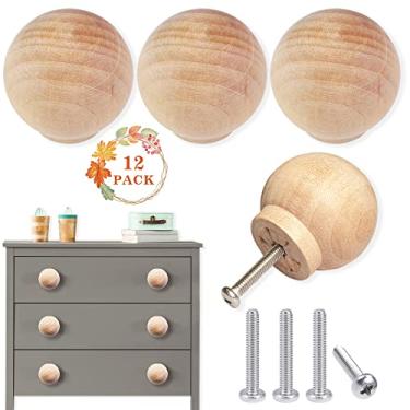 Imagem de ETIUC Pacote com 12 maçanetas de madeira de 3,5 cm puxadores redondos de gaveta de madeira puxadores de armário puxadores de armário puxadores de cômoda puxadores de armário puxadores de móveis de