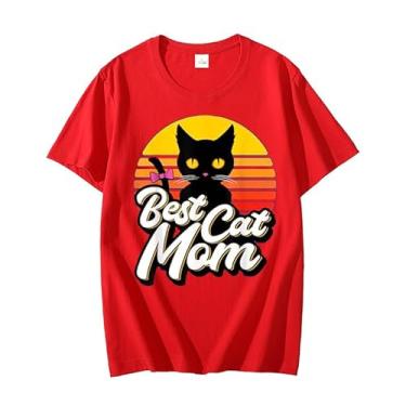 Imagem de Camiseta feminina divertida com estampa do pôr do sol da Best Cat Mom camiseta feminina casual manga curta, Vermelho, XXG