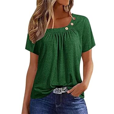 Imagem de Camiseta feminina de cor sólida, plissada, gola redonda, botão, camiseta de manga curta, caimento solto, túnica, camiseta para sair, Verde, XXG