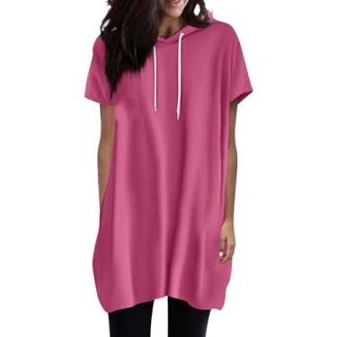 Imagem de 2024 Camisetas femininas de manga curta cor sólida com cordão básico verão casual blusas soltas túnicas com bolsos, Rosa choque, GG