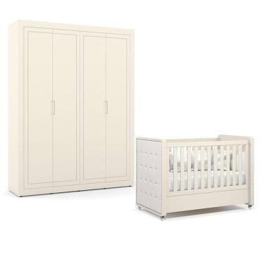 Imagem de Berço Americano com Capitonê New Boucle e Guarda Roupa Tutto New 4 Portas Off White - Matic