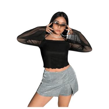 Imagem de GORGLITTER Camiseta feminina plus size de malha transparente ombro a ombro franzido manga sino frente única, Preto liso, 3G