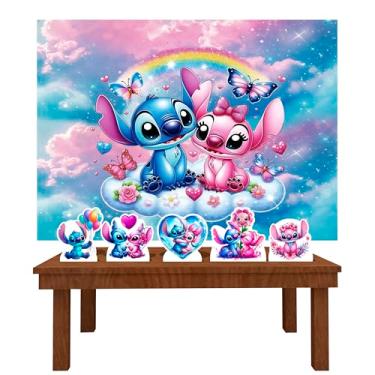 Imagem de Kit Decoração Festa de Aniversário Infantil Painel + Displays Stitch e Angel 3D