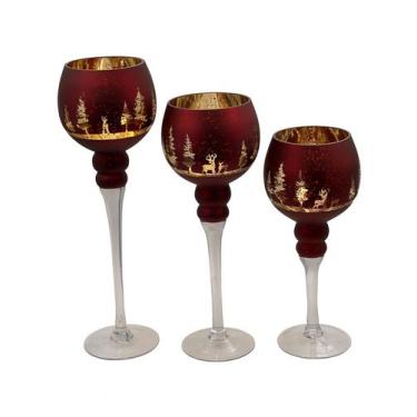 Imagem de Jogo 3 Castiçais para Natal Vidro Gold/Vermelho 30/35/40cm - Zona Livr