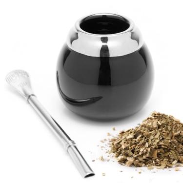 Imagem de BALIBETOV Conjunto de xícara e bomba de erva mate de cerâmica (copo mate tradicional original - 190 g) | Inclui 1 bombilla (canudos de erva mate para usar) | Cerâmica fácil de limpar (preto)