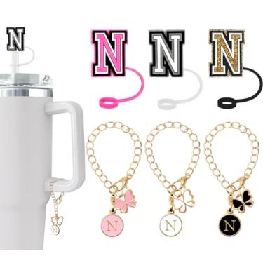 Imagem de (3 +3) Capa de canudo Nuozme compatível com copo Stanley Tumbler 3 peças de tampas de palha com 3 pingentes de borboleta iniciais Nome ID para Stanley Copo de 30 e 1,134 g (capa de canudo de 3 letras,
