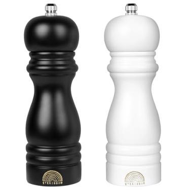 Imagem de Conjunto de moedor de sal e pimenta – Moedores de madeira ajustáveis, moedores de sal e pimenta preto e branco, saleiro e pimenteiro recarregáveis com espessura ajustável, 18 cm para cozinha (conjunto