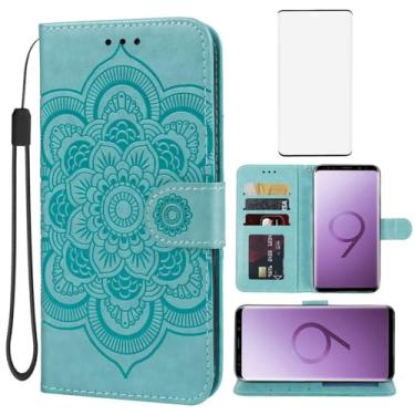 Imagem de Bohefo Capa carteira para Galaxy S9 Plus/Samsung S9+ G965U com protetor de tela de vidro temperado, capa flip de couro mandala em relevo com suporte para cartão de crédito para Samsung Galaxy S9 +