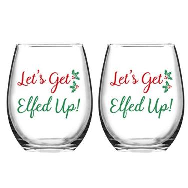 Imagem de Let's Get Elfeed Up Copo de Vinho de Natal, 425 ml Óculos de Vinho Engraçados Sem Estampa para Mulheres Amigos Homens, Ideia de Presente para Festa de Casamento de Natal, Conjunto com 2, Transparent, 15 Oz