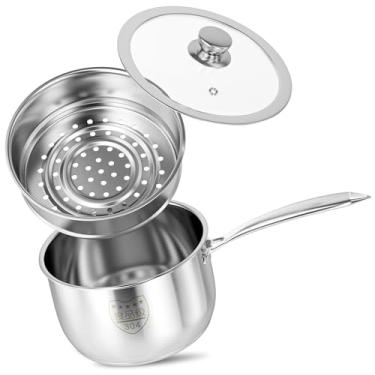 Imagem de Panela de aço inoxidável de 1,5 l com cesta de vaporizador, panela pequena multiuso com tampa, panelas de cozinha não tóxicas sem PFOA, panela de indução para cozinhar sementes, macarrão, vegetais e