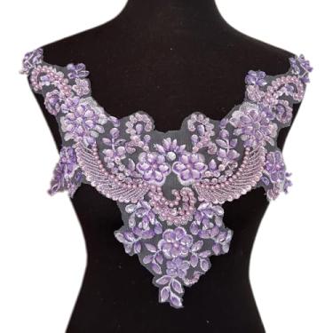 Imagem de Succi Shan Remendos de pérolas de contas de flores de renda, apliques de strass costurados para decote de roupas de vestido (roxo claro)