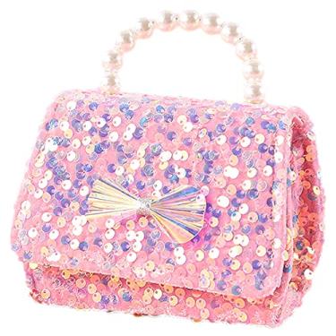 Imagem de Anopo Bolsa infantil com lantejoulas, bolsa transversal com alça superior de pérola, laço com glitter, carteira para meninas, acessórios para crianças, rosa, One Size