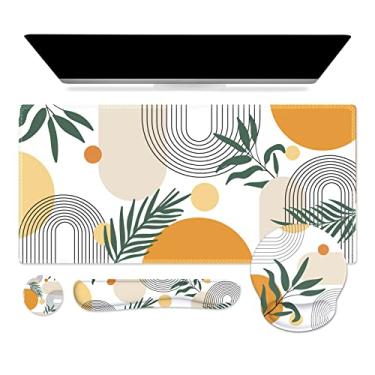 Imagem de iCasso Tapete de mesa, mouse pad para jogos, conjunto de suporte de pulso, 4 em 1 XXL grande Mousepad + teclado descanso de pulso + conjunto de descanso de pulso de mouse + porta-copos com design ergonômico para mesa de escritório em casa computador - folha de olmo