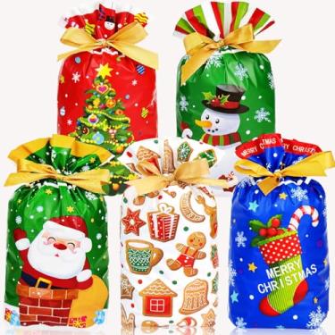 Imagem de VOVEA Sacos de presente de Natal, 50 peças, pequenos sacos de presente de Natal, sacos de doces de plástico, sacos de presente com cordão, sacos de Natal para presentes, lembrancinhas de festa de