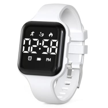 Imagem de Relógio digital de LED infantil, com contador de passos, à prova d'água, relógio de pulso esportivo, calendário, despertador para crianças, meninos, meninas e adolescentes, Branco