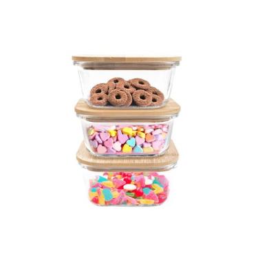 Imagem de kit 3 potes de vidro 550ml com tampa de bambu hermético marmita quadra
