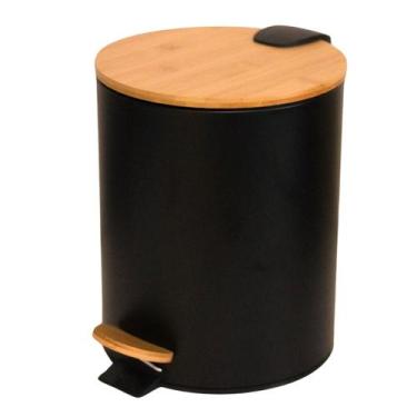 Imagem de Lixeira com Pedal Tampa de Bambu Soft Preto 5L/12L Compacta Banheiro C