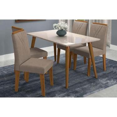Imagem de Mesa Cozinha Adele Madeira Maciça Tampo Madeirado c/ Vidro 130X80cm e 4 Cadeiras Nicole Madeirado/Off White- Suede Pluma-Joli C-Cimol