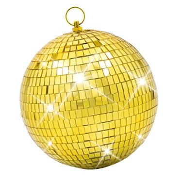 Imagem de Decoração de bola de discoteca espelhada com anel de suspensão: Ornamentos de bola de discoteca de ouro grande de 20 cm - Bolas de discoteca de festa penduradas para decorações de festa, festa