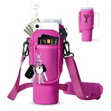 Imagem de dabria Bolsa de transporte para garrafa de água com bolso para celular Stanley de neoprene com alça ajustável com tampa de canudo e mosquetão para acessórios de copo Stanley