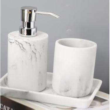 Imagem de idestc Conjunto de Acessórios para Banheiro com Dispensador de Sabonete Líquido, Porta-Escovas de Dentes e Bandeja para Penteadeira, 3 Peças Como Conjuntos de Dispensadores de Sabo (, Mármore Branco)