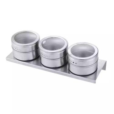 Imagem de Porta Temperos Condimentos Magnético em Inox  3 Peças com Suporte Iman