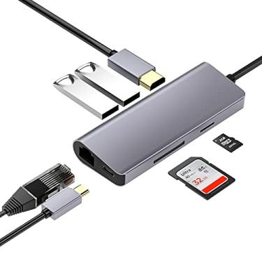 Imagem de Adaptador HDMI USB C Hub, hub tipo C 7 em 1 para HDMI 4K, 2 portas USB 3.0, leitor de cartões SD/TF, estação de entrega de energia de 60 W, hub Gigabit Ethernet para MacBook Pro 13/15, Mac Air 2018,