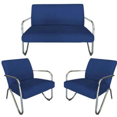 Imagem de Kit Namoradeira + 2 Poltronas Decorativa Bela Suede Azul Marinho Braço