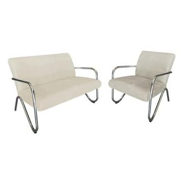 Imagem de Kit Namoradeira + Poltrona Decorativa Bela Couro Bege Braço Cromado - 