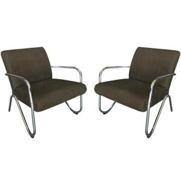 Imagem de Kit 2 Poltronas Decorativa Bela Linho Marrom Braço Cromado Mz Decor - 