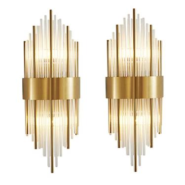 Imagem de BOKT Luminária de parede moderna com 2 luminárias de iluminação de arandela de cristal, arandelas de parede elegantes com base de latão para quarto, sala de estar, banheiro, corredor, entrada, hotel, restaurante (pacote com 2 dourados)