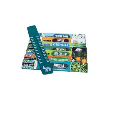 Imagem de Kit de Incensos Indianos Massala, 7 Aromas Diferentes com Incensário, Fragrâncias: Rosa Branca, Mel, Citronela, Jasmim, Abre Caminho, Flor de Laranjeira, Arruda