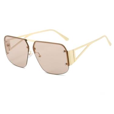 Imagem de Azoxus Óculos de sol feminino moderno aviador grande masculino retrô de metal sem aro armação quadrada UV400, Champanhe, Large