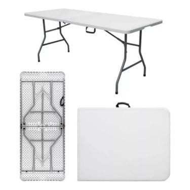 Imagem de Mesa Dobrável Vira Maleta Com Alça Portátil 1.80m Para Camping Pesca Jardim Área Externa Ou Interna Salão De Festas Gourmet Luvinco (Branco)