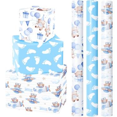 Imagem de WRAPAHOLIC Papel de embrulho Bear Baby Shower – Mini rolo – 3 rolos – 43 x 300 cm – Urso de aventura em avião e design de festa para chá de bebê, aniversário de menino