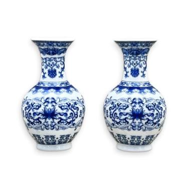 Imagem de GDSZJLJ Conjunto de dois vasos de parede de porcelana chinesa azul e branca para flores, vasos de parede de cerâmica chinoiserie feitos à mão, decoração de casa para sala de estar, estante de livros e