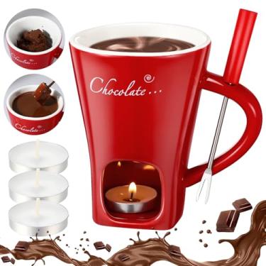 Imagem de Honeydak Caneca de fondue de chocolate com garfo e vela caneca pessoal de cerâmica doce para derretimento de chocolate caneca de fondue de chocolate presentes ideais para aniversário data noite