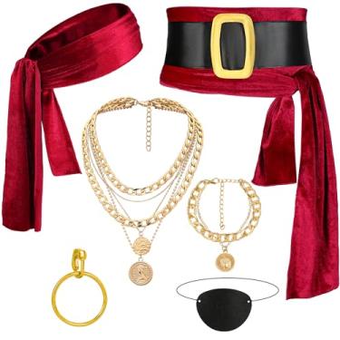 Imagem de CICOCI Conjunto de acessórios de fantasia de pirata para mulheres, chapéu de pirata, cachecol de cabeça de pirata, cinto de faixa de pirata, acessórios para vestidos, vinho tinto