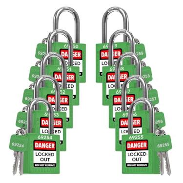 Imagem de TRADESAFE Conjunto de trava com etiqueta de bloqueio, pacote com 10 cadeados de segurança com chave diferente, 2 chaves por fechadura, verde, fechaduras de segurança em conformidade com a segurança para fechar, marca de segurança industrial e empresa