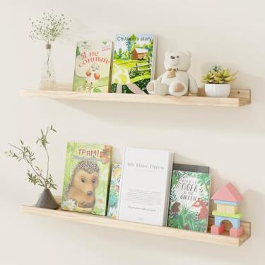 Imagem de Fun Memories Prateleiras flutuantes de madeira de pinheiro, conjunto de 2 prateleiras de livros de berçário de 91 cm, prateleiras de livros de borda de fotos, montadas na parede para sala de estar