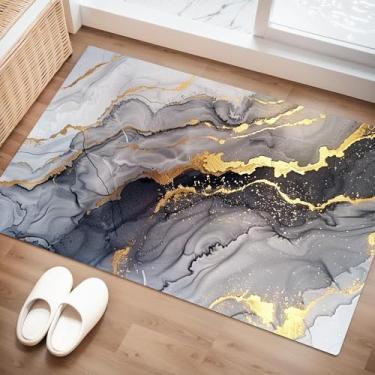 Imagem de EDGZKO Tapetes de mármore cinza e dourado: 2 x 3 pés abstrato preto dourado tapete moderno pequeno tapete de sala de estar tapete lavável capacho para entrada, pátio, quarto, cozinha
