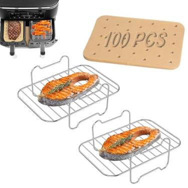 Imagem de WEBROIL 2 pacotes de prateleiras de fritadeira a ar com 100 peças de forros para Ninja Foodi DZ401/DZ201 e outras fritadeiras de ar duplo de 8 a 10 QT, papel manteiga e torradeira de aço inoxidável