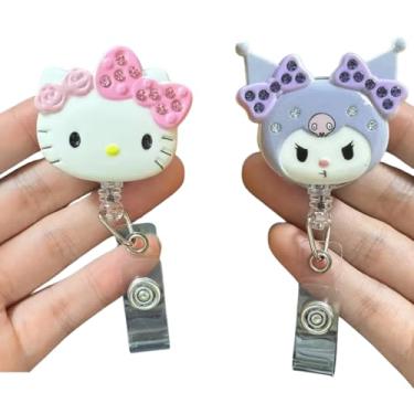 Imagem de 2 peças de porta-crachás retráteis de desenhos animados fofos – Porta-crachás de identificação Kawaii com chaveiro e extensão de cabo de 61 cm – Carretéis divertidos de crachá de enfermeira e