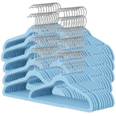 Imagem de Kit 100 Cabide Infantil de Veludo Antideslizante Slim Ultrafino para Roupa Calça Camiseta de Bebe (Azul)