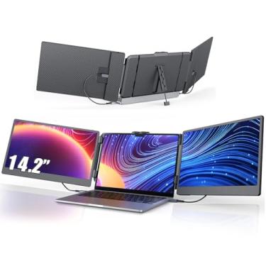 Imagem de Extensor de tela de 35.6 cm, portátil, plug-play, extensor de monitor de laptop IPS 1080p, alto-falante embutido, monitor triplo HDMI/USB-A/Tipo-C para laptops de 13 a 17,3 polegadas, funciona com Mac