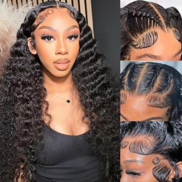 Imagem de ILHILH Peruca De Renda Frontal 32" Com Cabelo Humano, Onda Profunda, 13X6 Hd, Transparente, Pré-Selecionada Baby Hair, Densidade 200%, Cacheada, Sem Cola, Molhada E Ondulada, Preta Natural