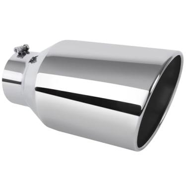 Imagem de EVERESTWAY Ponta De Escape Aço Inoxidável 5" Com Entrada A Diesel, Saída 8" E Ângulo Corte 15" Laminada Longa, Tubo Parafuso X Cromado Polido Universal Para Carro