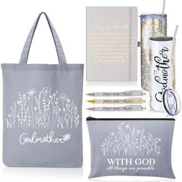 Imagem de Patelai Conjunto de 7 presentes de pedido de madrinha para mulheres, copo de aço inoxidável de 590 ml, com bolsa de palha, madrinha, bolsa cosmética, canetas esferográficas A5, diário para madrinha