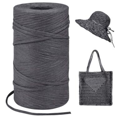 Imagem de LEREATI Fio de ráfia cinza escuro para sacos de crochê, fita de ráfia de corda plana de 3 mm x 328 jardas para embrulho de presente, fio de fita de papel de ráfia para chapéu de sol de crochê, bolsa